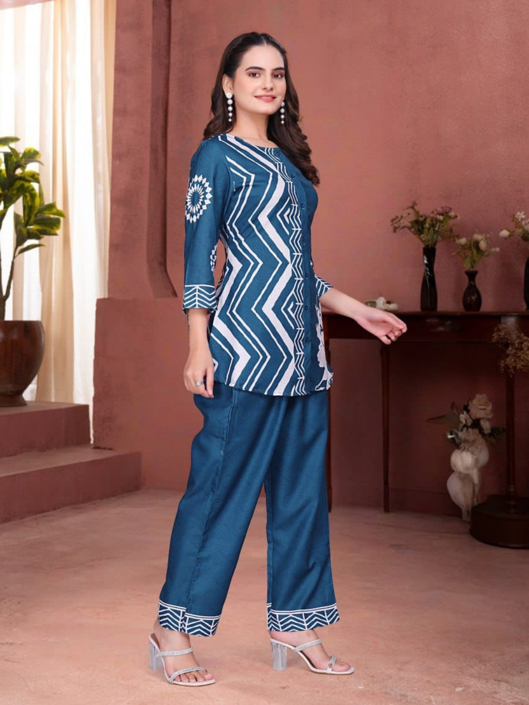 Deep Teal Co-ord Set with Ethnic Motif Print
