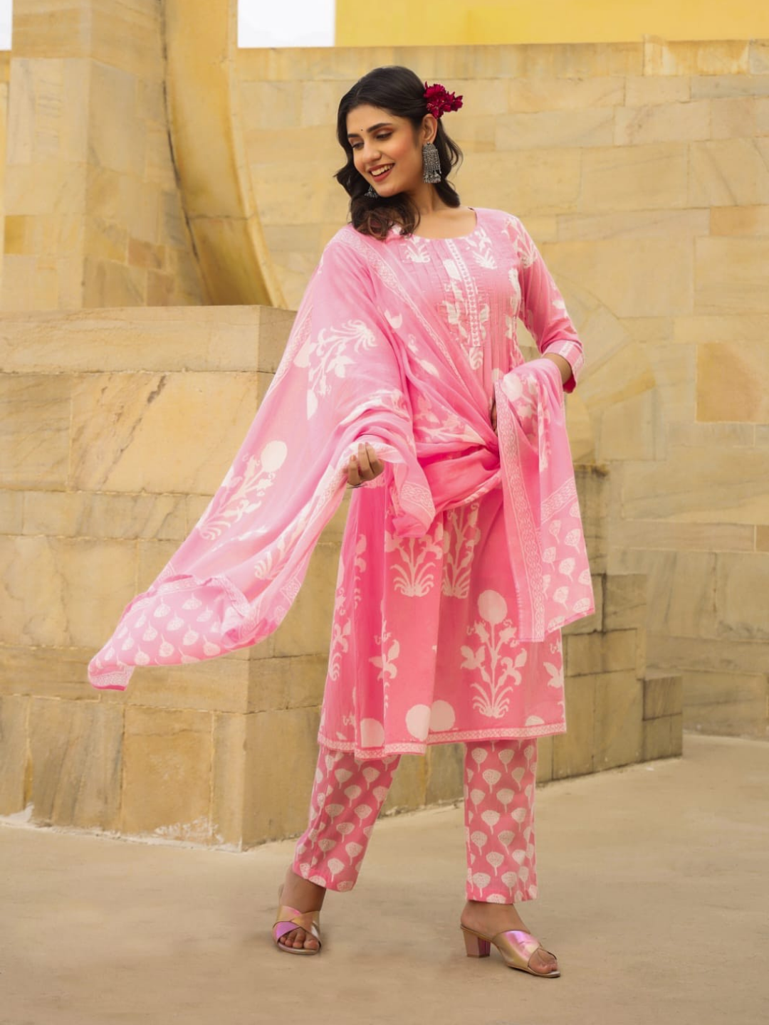 Pink Blossom Cotton Dupatta Set