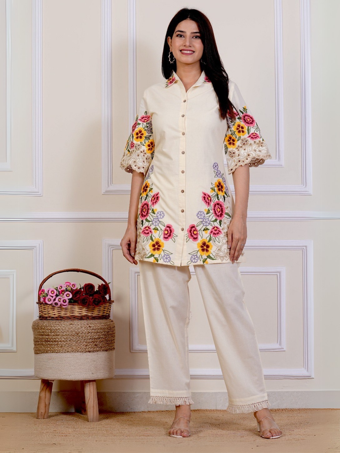Off White Floral Embroidered Cotton Co-ord Set