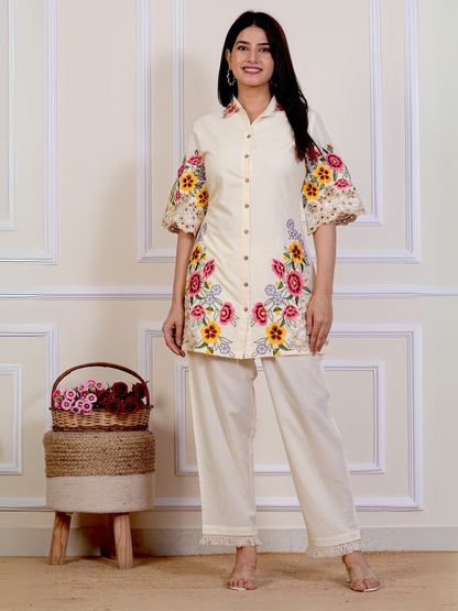 Off White Floral Embroidered Cotton Co-ord Set