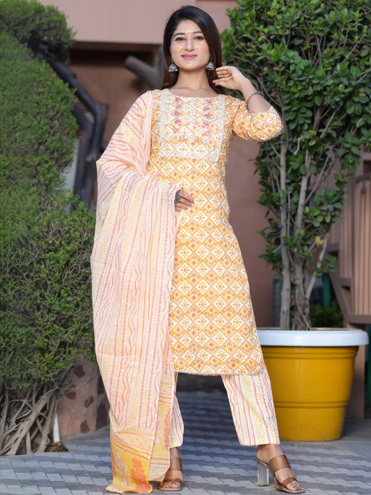 Yellow Cotton Dupatta Set