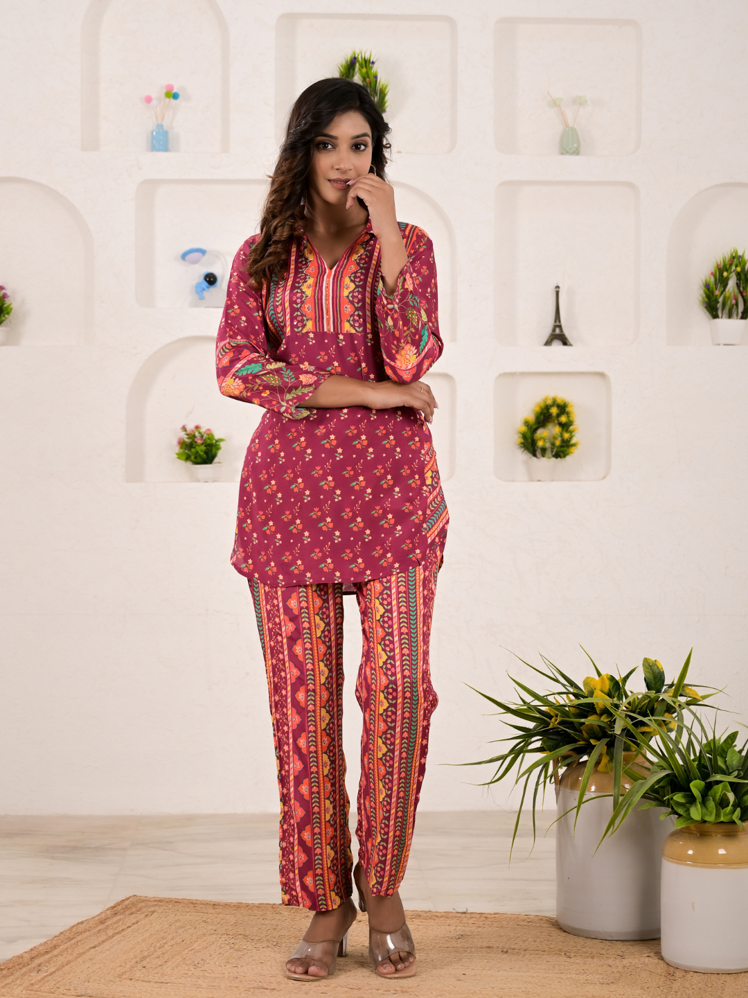 Maroon Floral Print Muslin Co-Ord Set