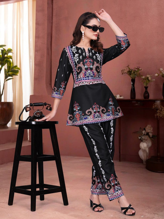 Black Cotton Silk Digital Print Co-Ord Set