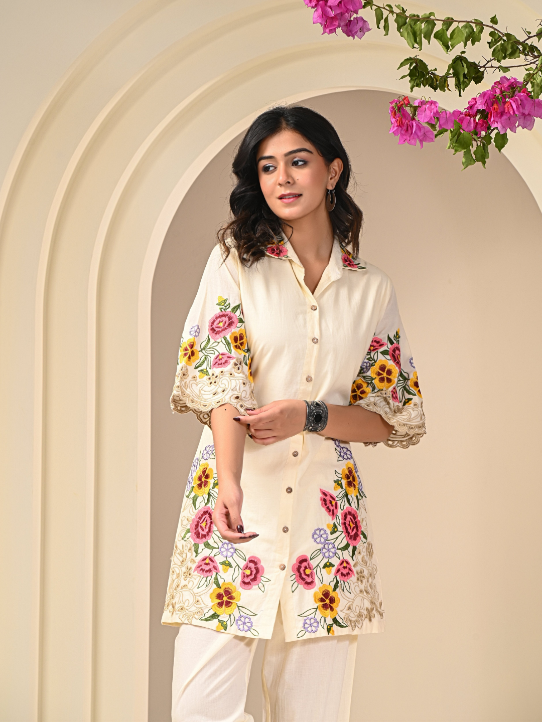 Off White Floral Embroidered Cotton Co-ord Set