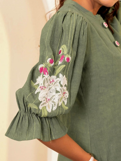 Graceful Green Floral Embroidered Cotton Co-Ord Set