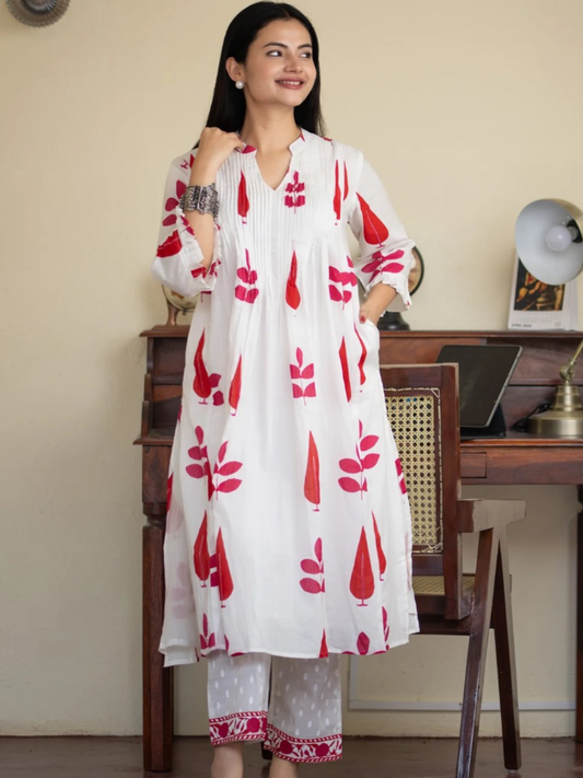 Hand Block Print Cotton Co-ord Set with Pintuck Yoke