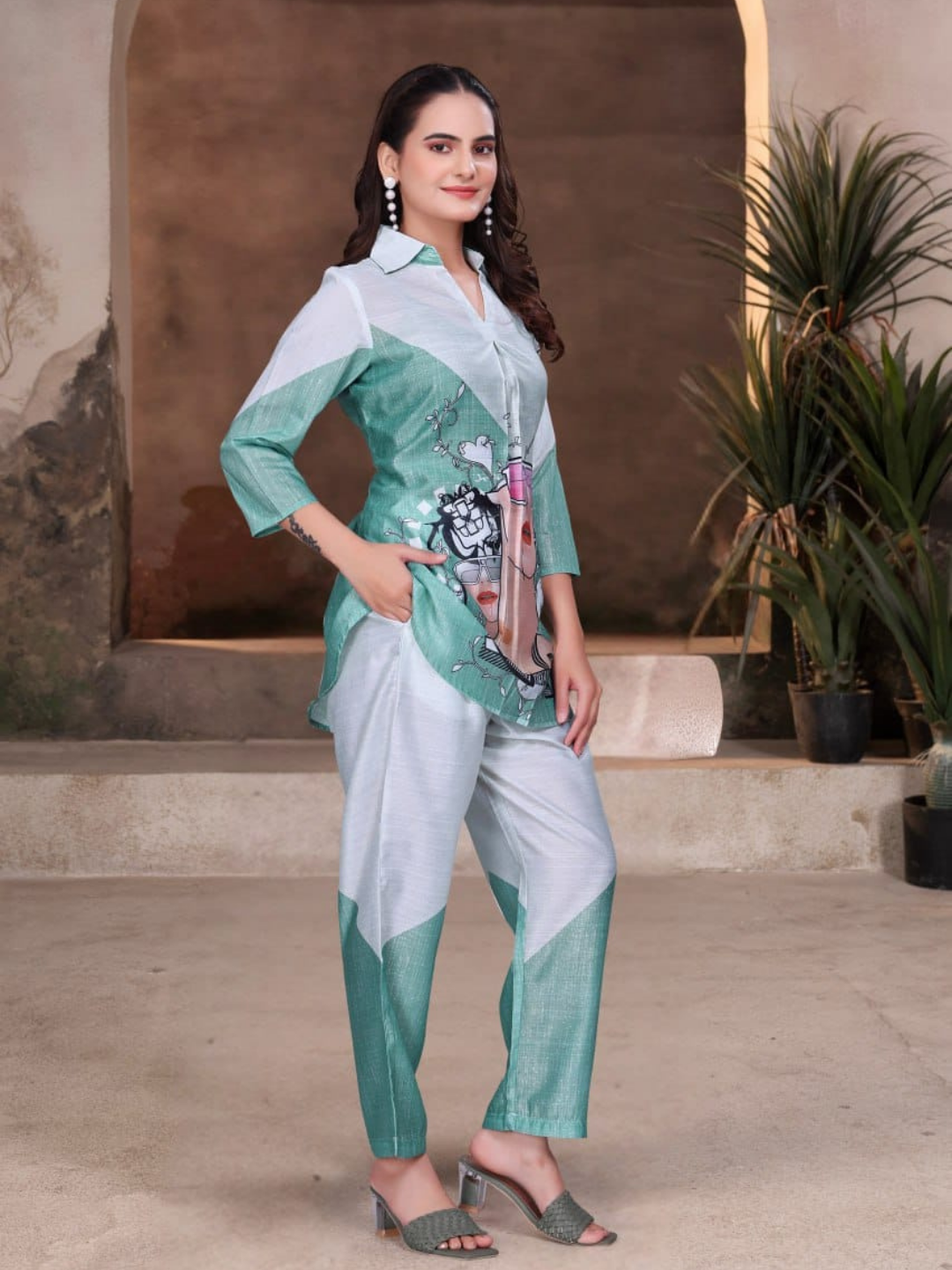 Chic Green Cotton Silk Digital Print Co-ord Set