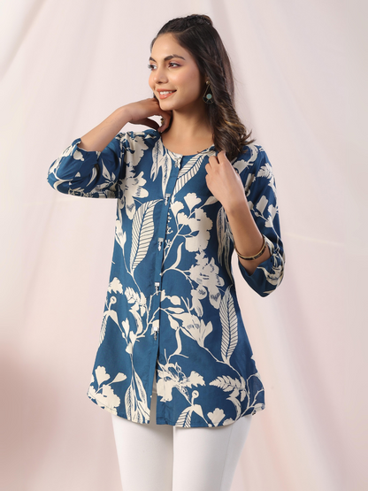 Dark Blue Floral Print Muslin Tunic