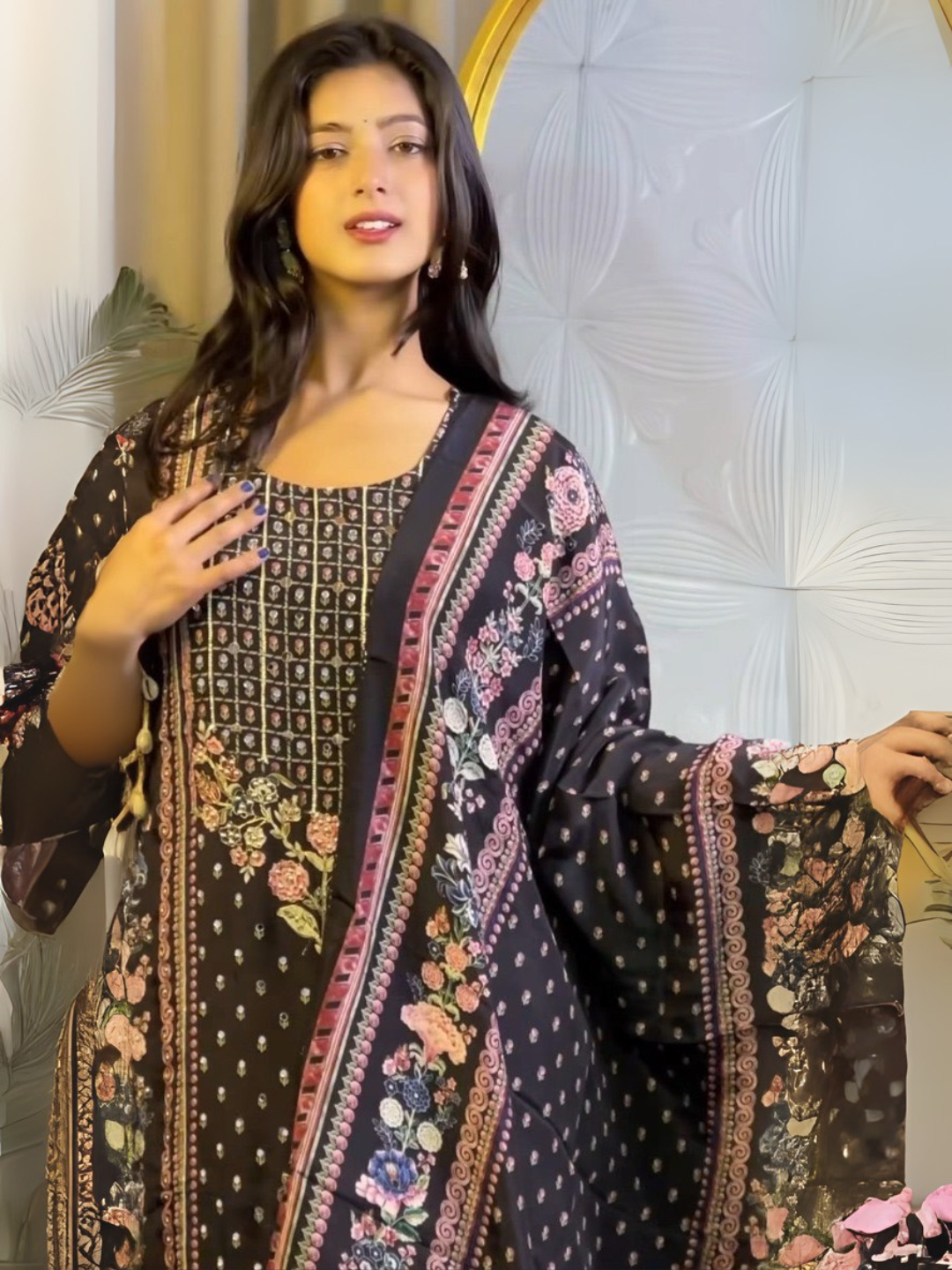 Midnight Bloom Black Muslin Dupatta Set