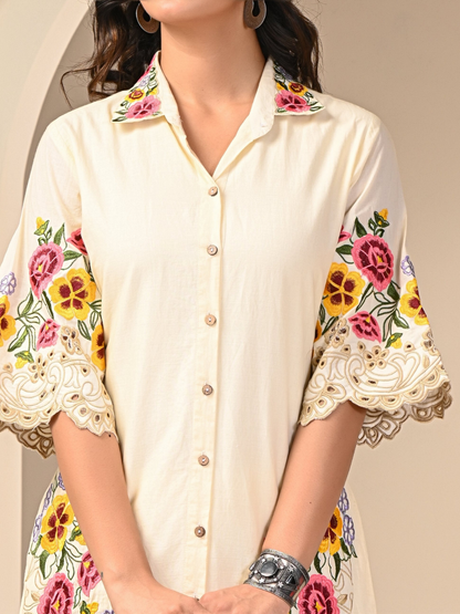 Off White Floral Embroidered Cotton Co-ord Set
