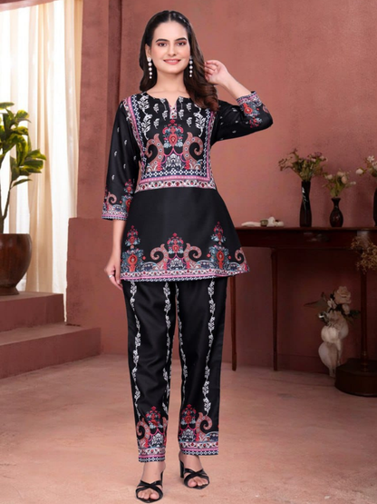 Black Cotton Silk Digital Print Co-Ord Set