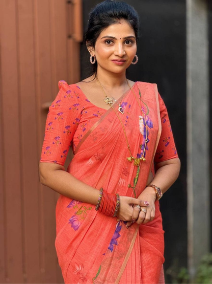 Pichwai Bloom Soft Linen Saree