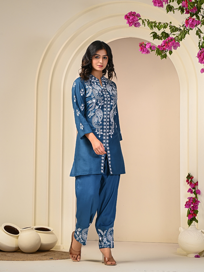 Contemporary Blue Embroidered Co-ord Set