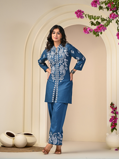 Contemporary Blue Embroidered Co-ord Set