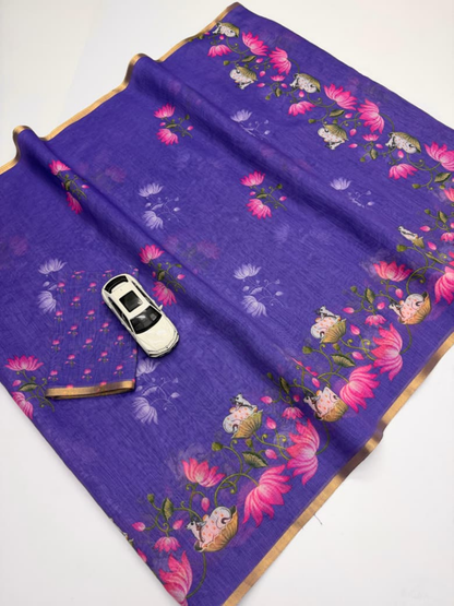 Pichwai Bloom Soft Linen Saree