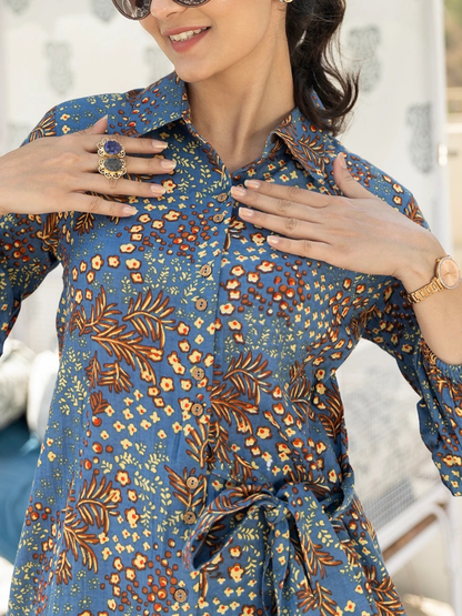 Blue Floral Cotton Co-Ord Set with waist tie up