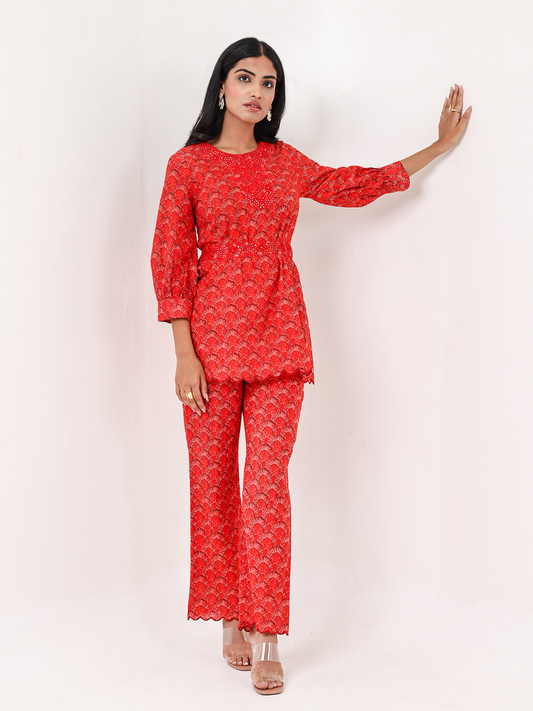 Vibrant Red Embroidered Co-Ord Set