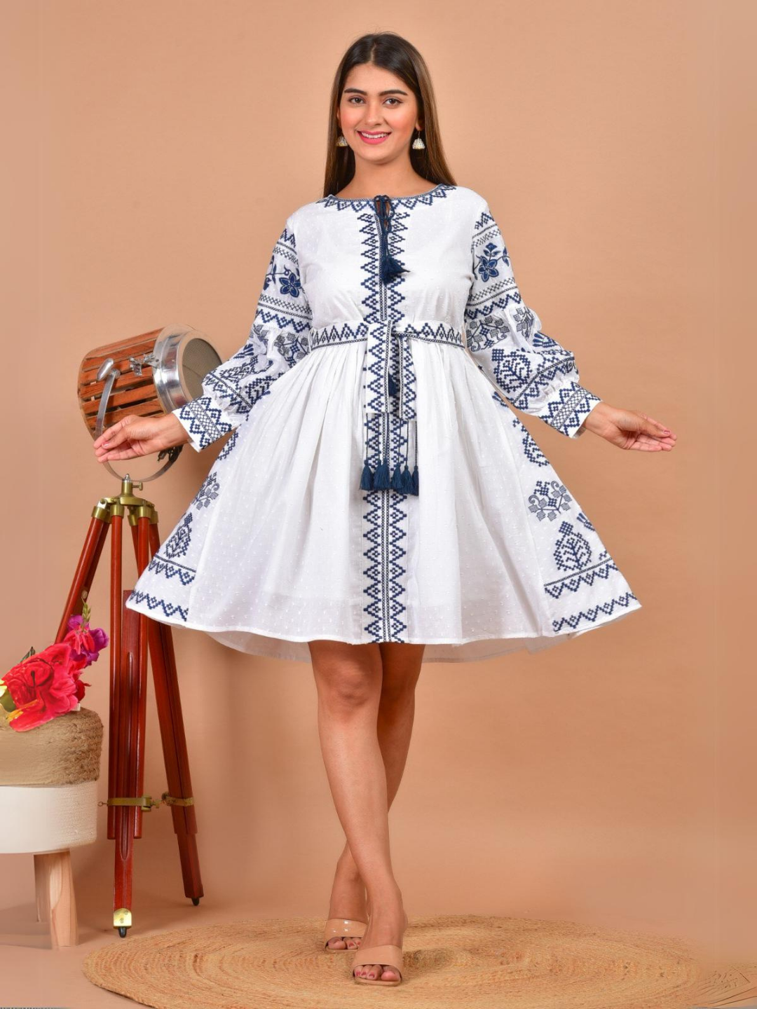 White Dobby Cotton Dress with Blue Embroidery