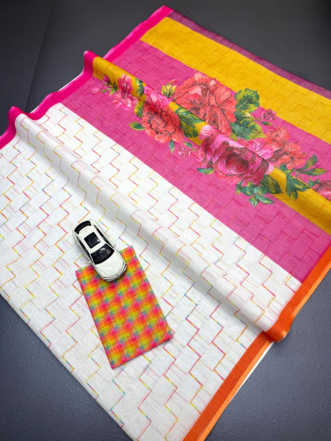 Soft Linen Vibrant Saree with Checkered Blouse