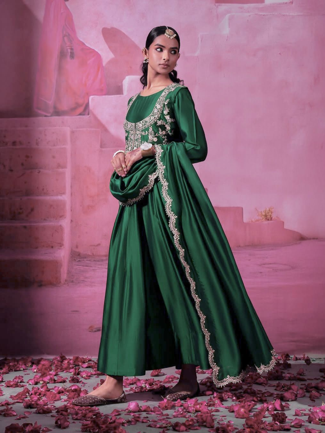 Regal Chinon Silk Gown Set with Embroidered Koti