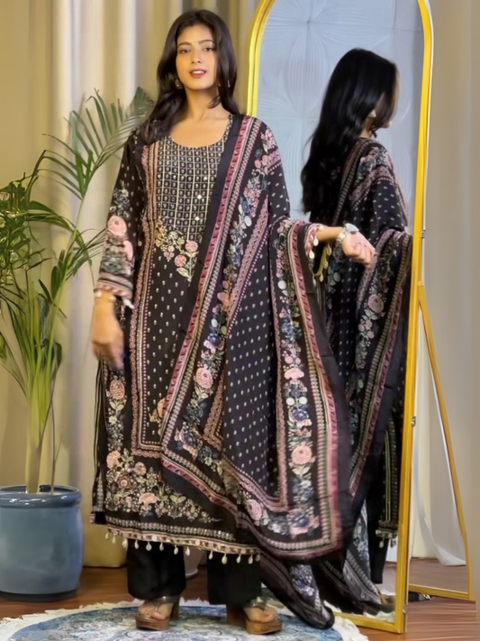 Midnight Bloom Black Muslin Dupatta Set