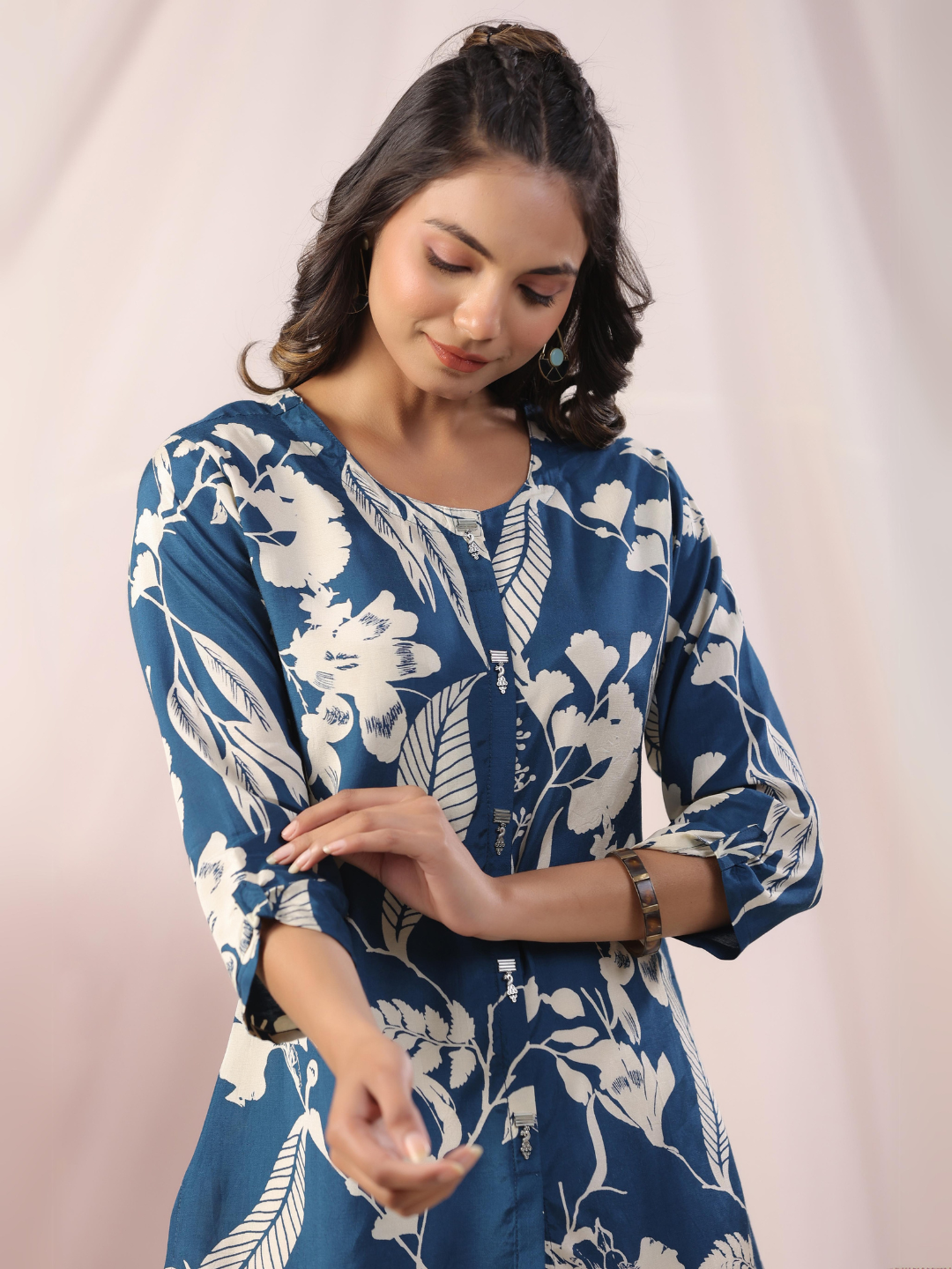 Dark Blue Floral Print Muslin Tunic