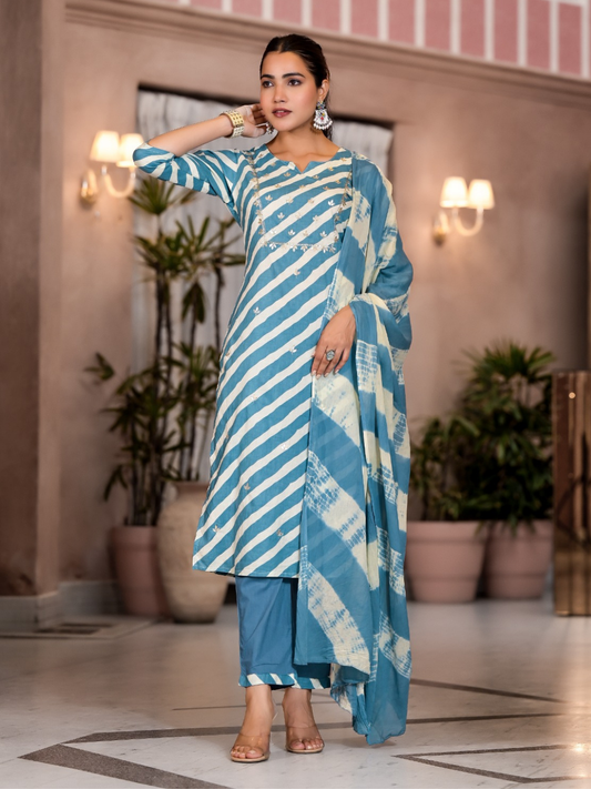 Sky Blue Striped Muslin Dupatta Set