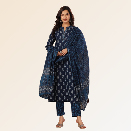 Indigo Hand Block Dupatta Set