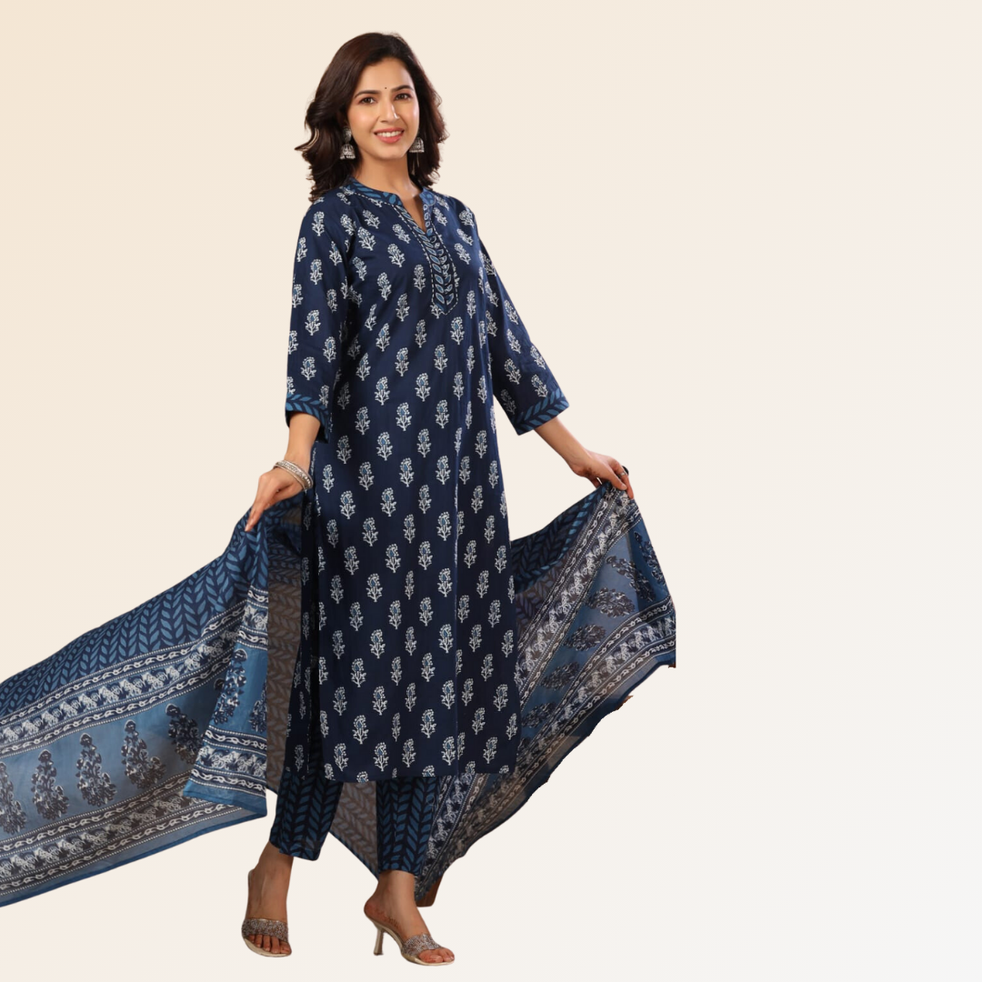 Indigo Hand Block Dupatta Set