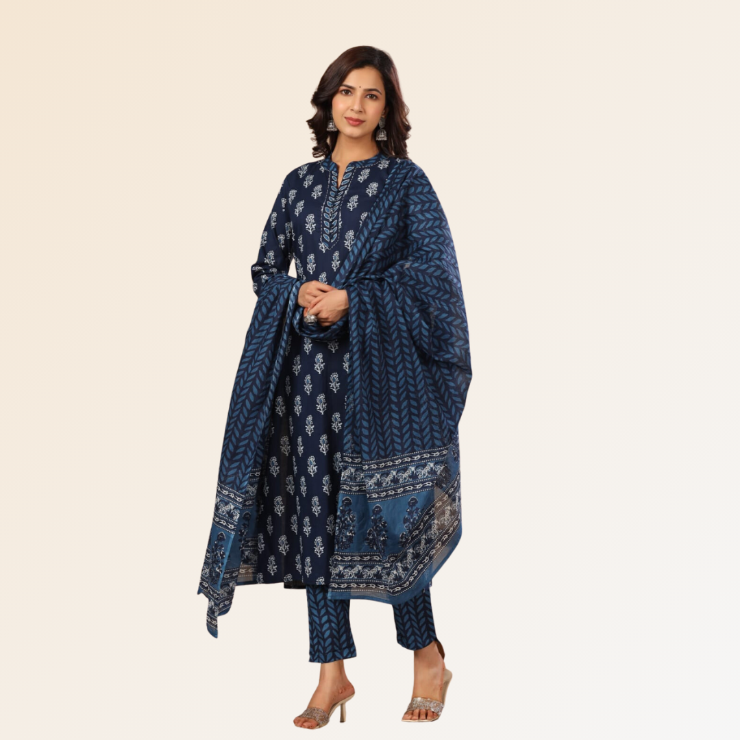 Indigo Hand Block Dupatta Set