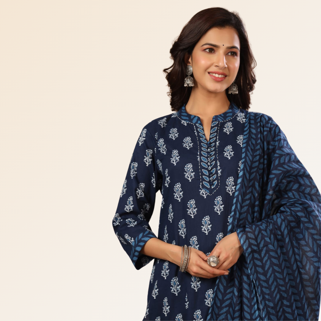 Indigo Hand Block Dupatta Set