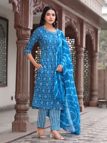 Dark Blue Leaf Print Dupatta Set