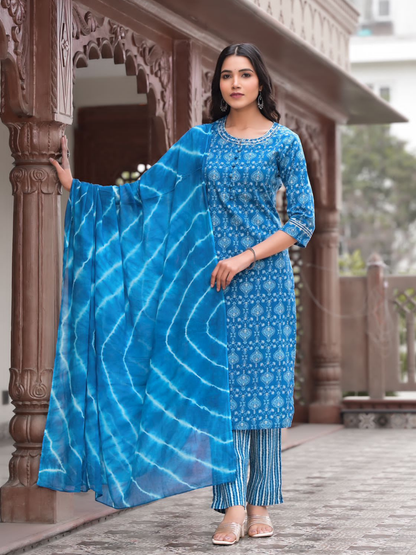 Dark Blue Leaf Print Dupatta Set