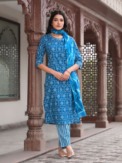 Dark Blue Leaf Print Dupatta Set