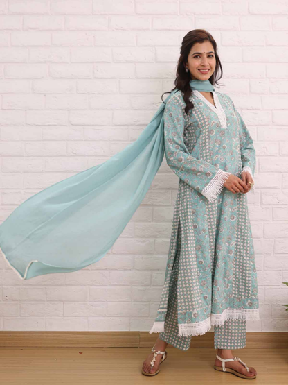 Tranquil Teal Cotton Dupatta Set