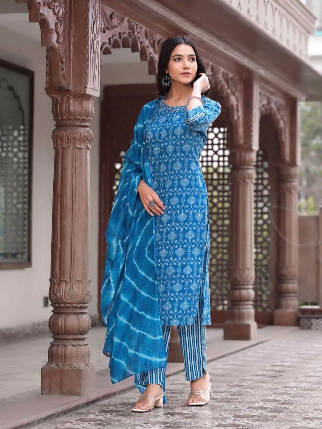 Dark Blue Leaf Print Dupatta Set