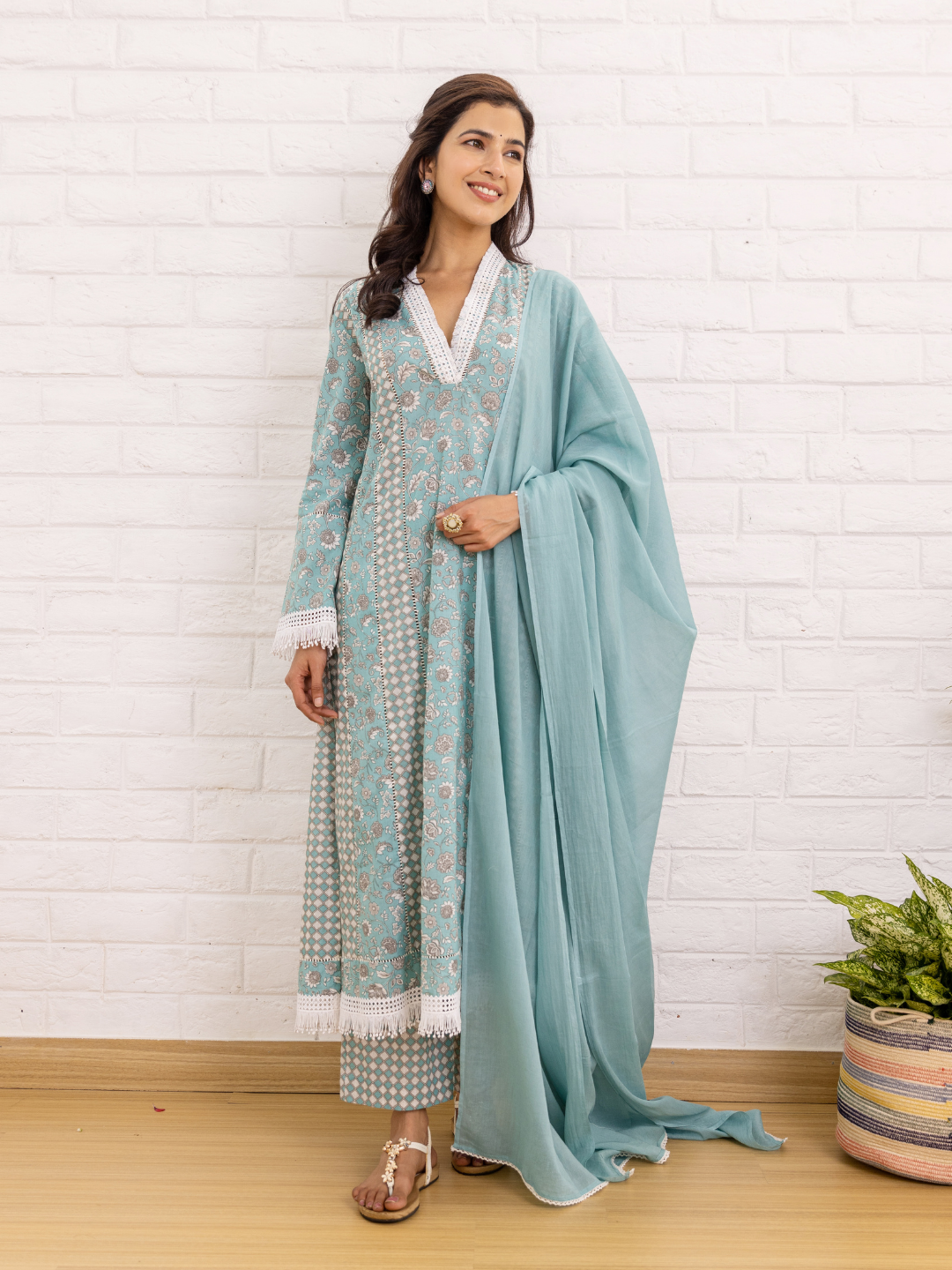 Tranquil Teal Cotton Dupatta Set