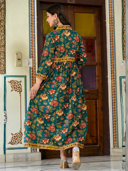 Emerald Bloom Cotton Maxi Dress