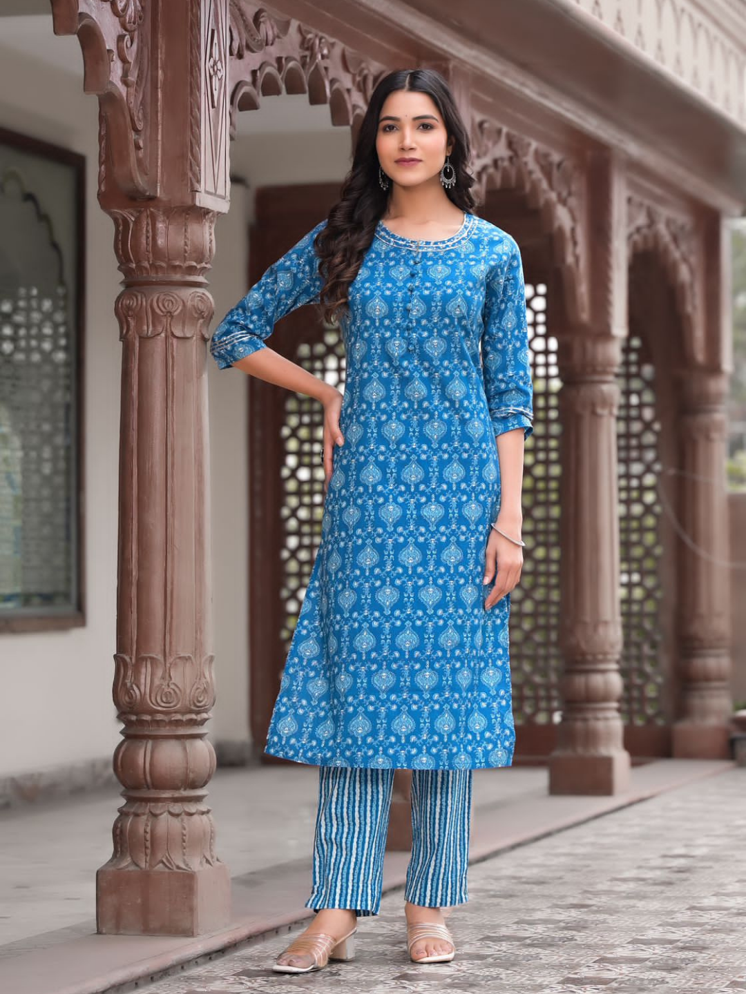 Dark Blue Leaf Print Dupatta Set