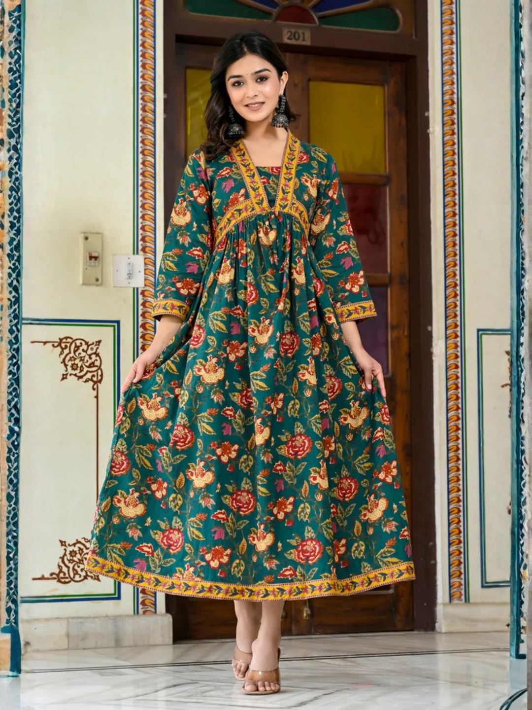 Emerald Bloom Cotton Maxi Dress