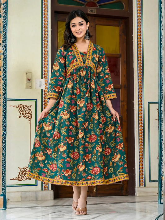 Emerald Bloom Cotton Maxi Dress