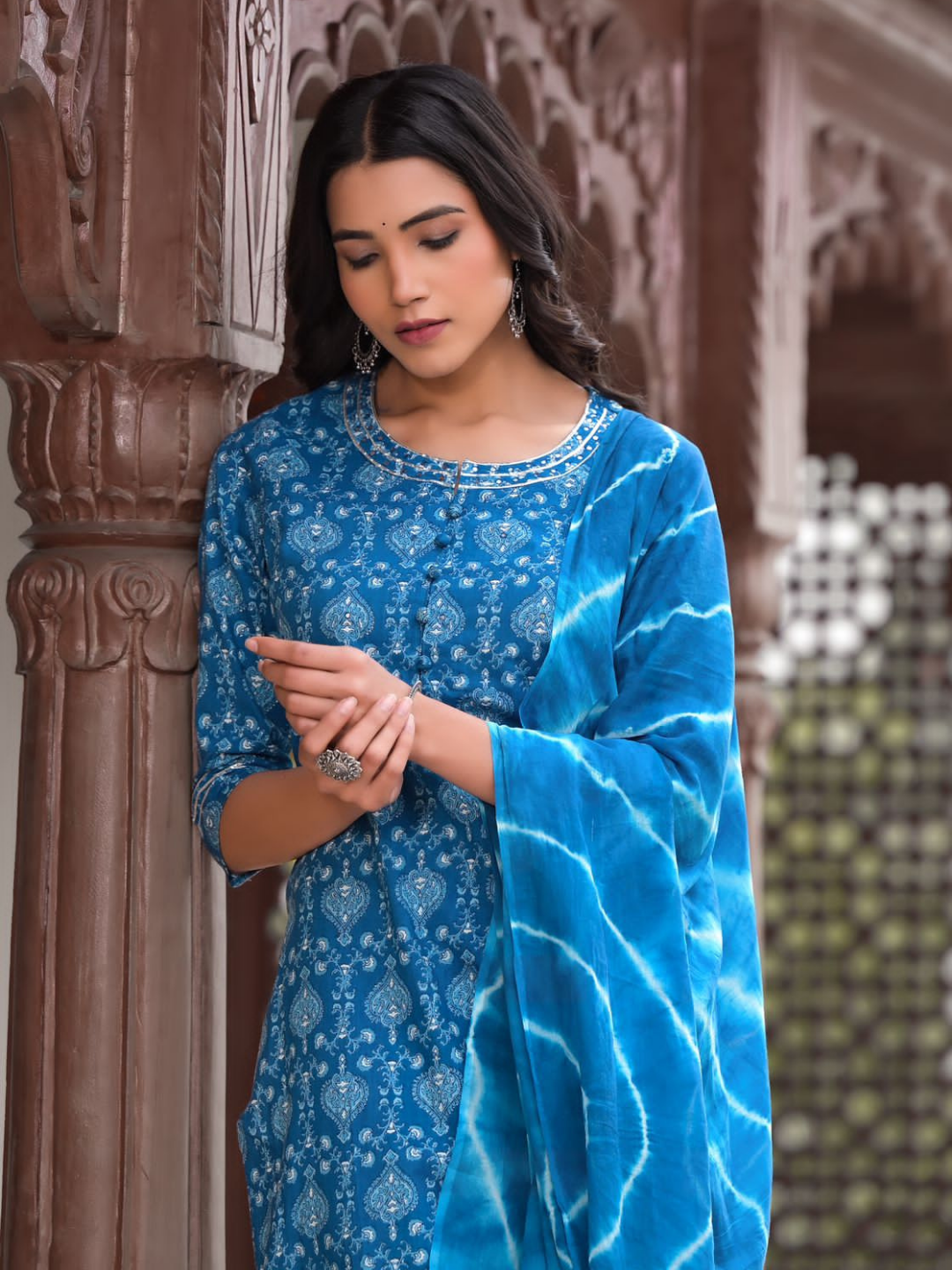 Dark Blue Leaf Print Dupatta Set