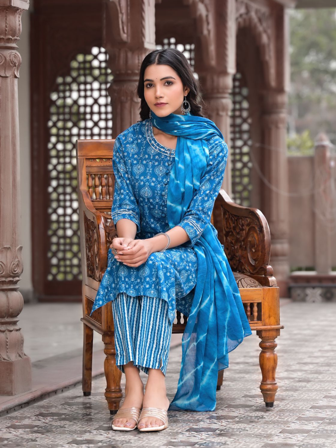 Dark Blue Leaf Print Dupatta Set