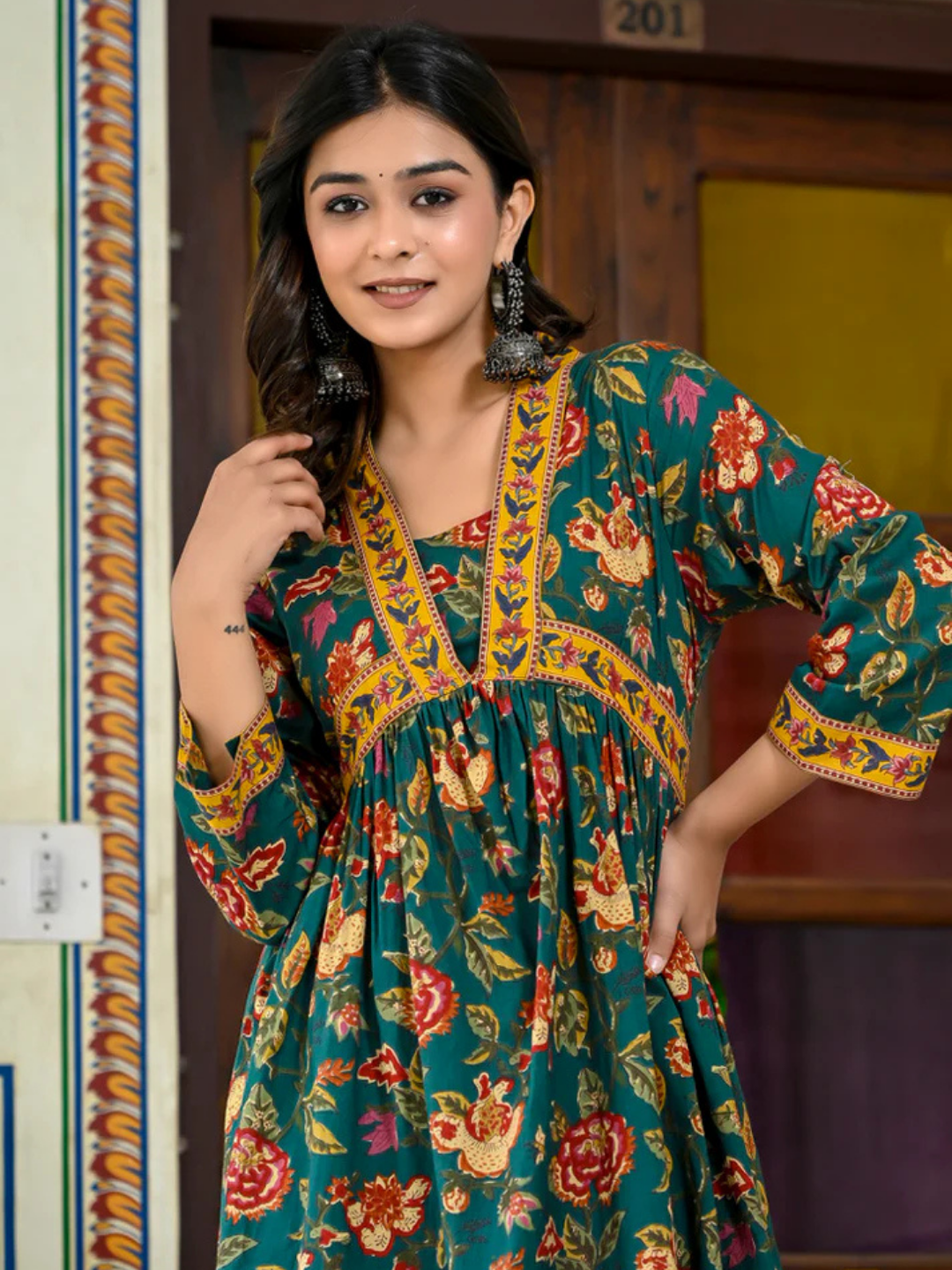 Emerald Bloom Cotton Maxi Dress