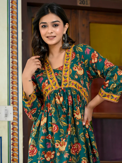 Emerald Bloom Cotton Maxi Dress