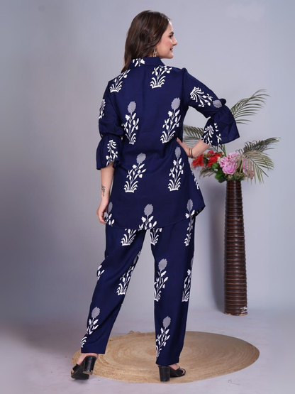 Chic Navy Blue Cotton Printed Co-Ord Set