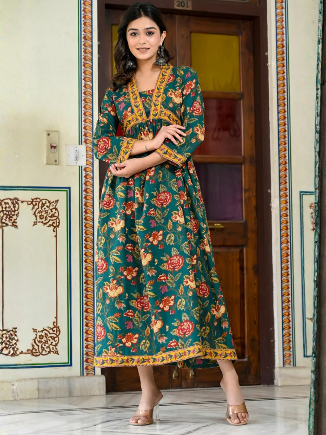 Emerald Bloom Cotton Maxi Dress