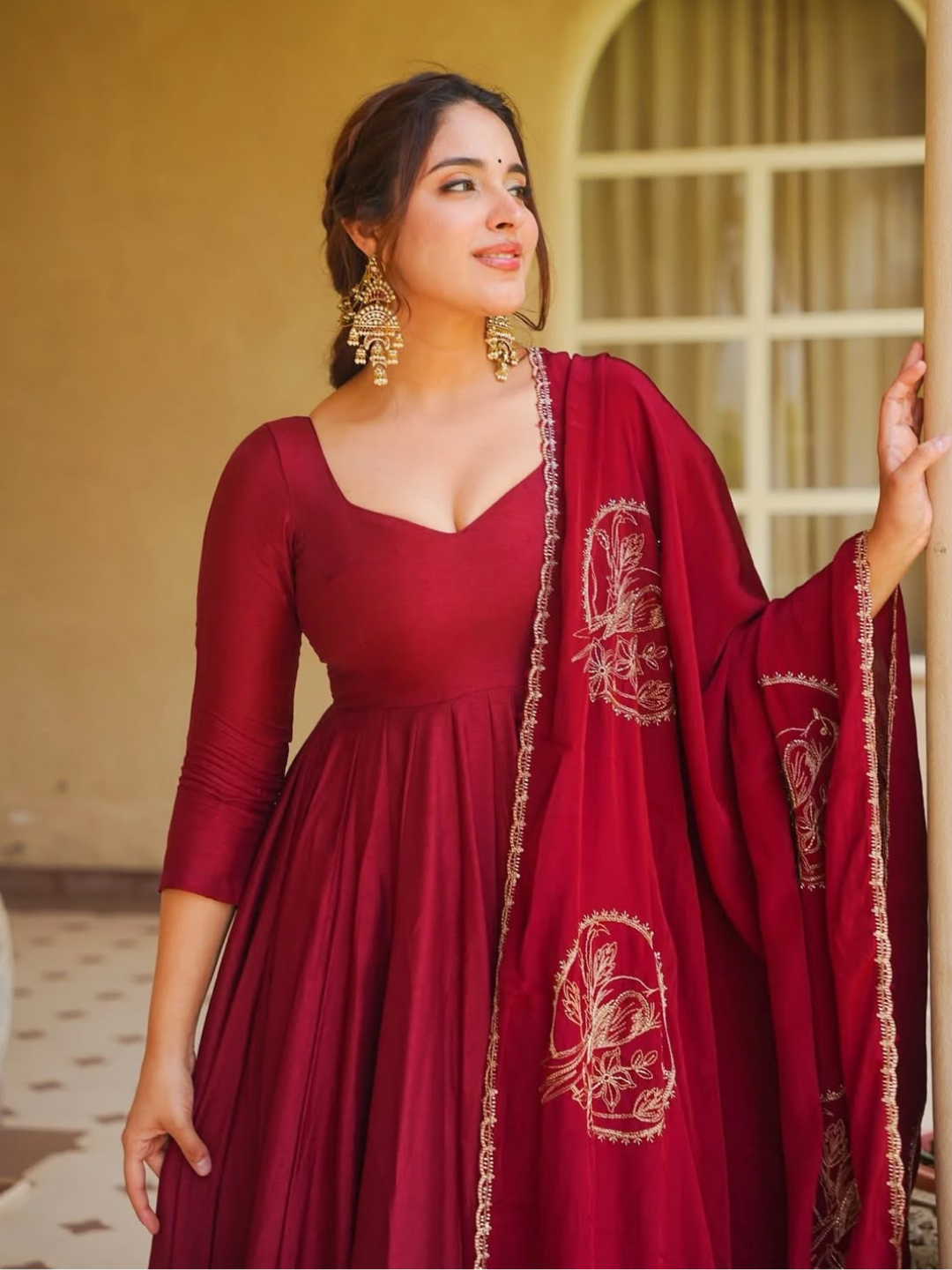 Regal Deep Red Roman Silk Anarkali