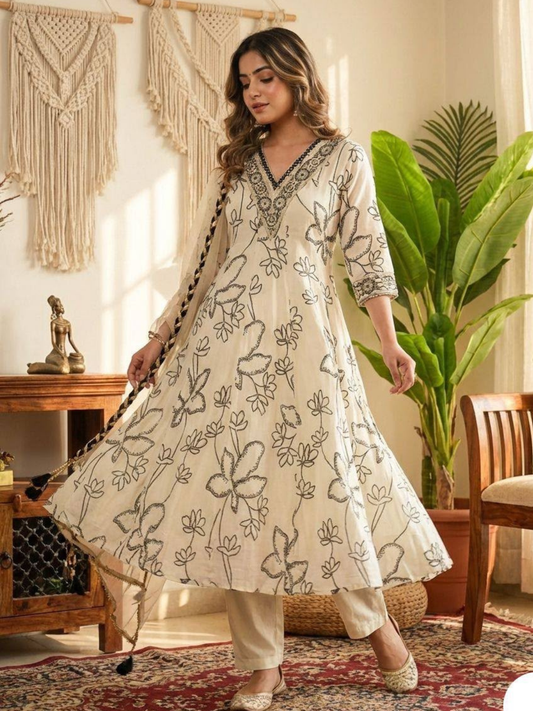Ivory French Crepe Digital Print Suit Set