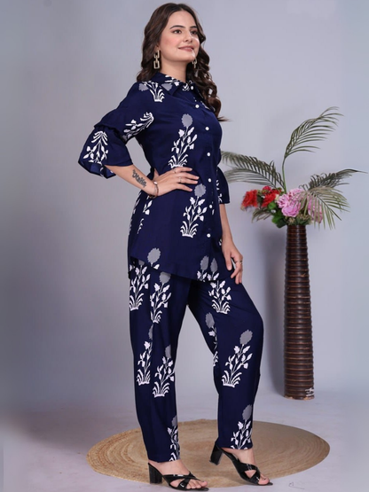 Chic Navy Blue Cotton Printed Co-Ord Set